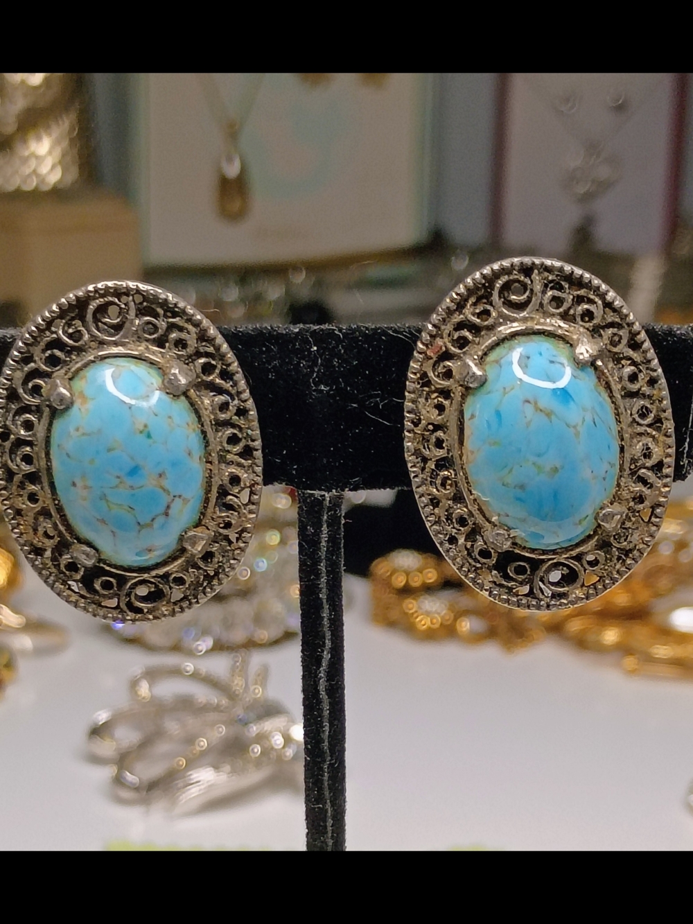 Vintage- Turquoise Oval with Silver Filigree Earrings
